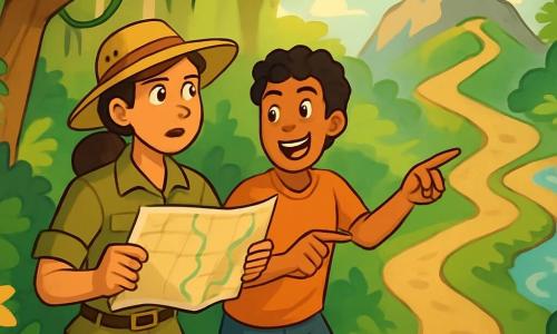 O femeie exploratoare, Isabela, de aproximativ 30 de ani, cu părul brun prins într-o coadă de cal, poartă o pălărie de paie și haine practice din pânză kaki. Are o expresie de determinare și uimire, ținând o hartă într-o mână și un carnet în cealaltă, pregătită să descopere secretele junglei. Lângă ea, Rafael, un tânăr de 25 de ani, cu părul negru creț și pielea bronzată, poartă un tricou ușor și șort. Zâmbește, arătându-și entuziasmul, în timp ce indică o direcție pe hartă. Decorul este o junglă luxuriantă, cu copaci uriași, liane suspendate și flori colorate. Isabela și Rafael decid pe care dintre cele trei căi să meargă: un potecă ce coboară într-o vale misterioasă, un drum abrupt care urcă spre un vârf stâncos și un pârâu larg și tumultuos care le intersectează calea. Par ezitanți, dar excitați, conștienți că fiecare alegere ar putea să îi ducă mai aproape de o descoperire incredibilă.