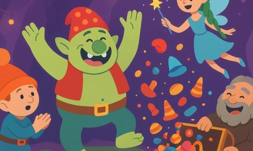 Radosny, pulchny troll Bimbas o bladozielonej skórze, dużym nosie i czerwonym kapelusiku w kropki tańczy z uniesionymi rękami; u jego lewej strony mały gnom Gucio w pomarańczowej czapeczce klaszcze, a ponad nimi lata świetlista wróżka Żabka z zielonym warkoczem i niebieskimi skrzydłami; starszy wuj troll Trollek siedzi przy skrzyni, z której wysypują się kolorowe słodycze. Scena w przytulnej jaskini o fioletowo-różowych ścianach, mchu i świetlistych grzybkach; wszyscy tańczą wokół otwartej skrzyni, żywe kolory, festiwalowa atmosfera.
