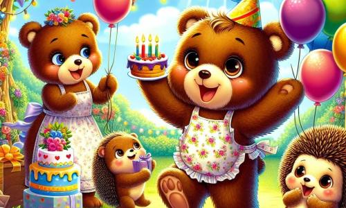 Orsetto, un piccolo orsetto di peluche dai peli marroni e morbidi, con grandi occhi rotondi e un sorriso splendente, è al centro della scena, saltando di gioia con palloncini colorati in mano. Accanto a lui, Mamma Orsa, una grande orsa dal pelo crema, con un grembiule a fiori e un cappello di festa, sorride calorosamente mentre tiene una magnifica torta di compleanno decorata con candele scintillanti. Riccio, un piccolo riccio dai pungiglioni dorati e dagli occhi maliziosi, sta scartando un regalo brillante, seduto per terra, con un'espressione di eccitazione sul volto. Il decor si trova in un giardino soleggiato, pieno di fiori vivaci e festoni colorati appesi ai rami degli alberi, creando un'atmosfera festosa e gioiosa. La scena rappresenta il momento magico in cui Orsetto scopre la sorpresa del suo compleanno circondato dai suoi amici, tutti pronti a festeggiare con risate e felicità.