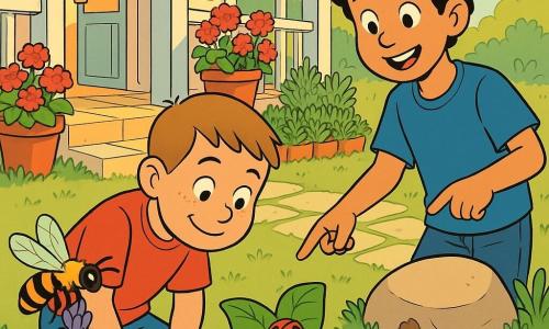Bambino di 10 anni, viso rotondo e lentiggini, capelli castano chiaro corti a spazzola, sguardo stupito e sorriso dolce, inginocchiato sull'erba a osservare una piccola coccinella rossa e nera su una foglia; accanto a lui, leggermente indietro a destra, Luca, circa 10 anni, capelli neri e ricci, maglietta blu, sorride e indica un nido di formiche sotto una pietra. In primo piano un'ape gialla e nera dalle ali traslucide impollina una lavanda. Ampia veranda in legno dipinta di bianco che si affaccia su un piccolo giardino con vasi di gerani rossi e erbe aromatiche, pavimento in lastre irregolari, luce soffusa di tardo pomeriggio. Scena primaverile, colori vividi, contrasti netti, atmosfera calda e curiosa, composizione centrata sull'interazione bambini–insetti, stile a linee chiare e palette pastello sature.