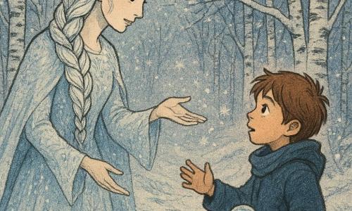 La Regina delle Nevi appare dolce e maestosa, volto pallido come porcellana, lunghi capelli bianchi intrecciati d'argento e veste traslucida cosparsa di cristalli; con espressione benevola e malinconica porge la mano verso Tommaso, un bambino di circa 8 anni dai capelli castano chiaro e mantello di lana blu, che la guarda commosso tenendo una piccola sfera di vetro nella sinistra e tendendo la destra; sullo sfondo una foresta di betulle argentate, rami carichi di neve scintillante e tracce su un sentiero, luce crepuscolare rosea e bluastra; atmosfera invernale, tenera e magica con fiocchi luminosi, riflessi ghiacciati su veste e sfera e forti contrasti tra bianco freddo e i toni caldi dei volti.