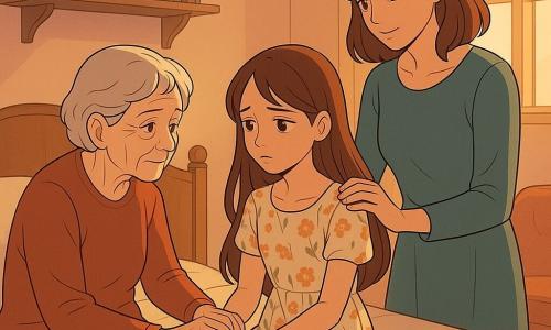 Una ragazza di 12 anni, con lunghi capelli castani e occhi tristi, è seduta sul bordo di un letto antico, le sue mani delicate tengono quelle della nonna. Indossa un vestito leggero a fiori, che fluttua dolcemente intorno a lei. Accanto a lei, una donna di circa 40 anni, con capelli castani e uno sguardo dolce, è in piedi, con la mano sulla spalla della ragazza, mostrando un'espressione di conforto e tenerezza. La scena si svolge in una camera accogliente, con pareti dipinte in tonalità pastello, scaffali pieni di libri e una vecchia poltrona di velluto. Un raggio di sole filtra attraverso una finestra, illuminando la stanza con una luce dorata. La situazione principale mostra la bambina che ascolta attentamente la nonna, che le racconta una storia preziosa, mentre un'atmosfera dolce e malinconica aleggia nell'aria, simboleggiando il passare del tempo e l'amore eterno.