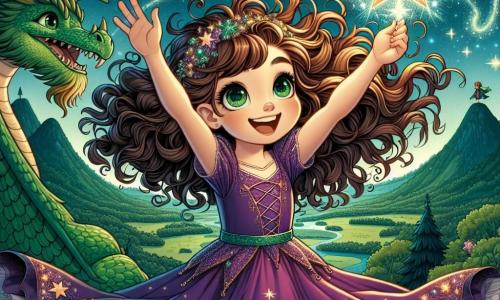 Livia, una giovane strega di undici anni, si trova in cima a una montagna, i capelli ricci e lucenti che fluttuano nel vento. I suoi occhi verdi brillano di eccitazione mentre alza le braccia verso il cielo stellato, tenendo in mano una stella scintillante. Indossa un vestito viola decorato con stelle dorate e un sorriso radioso illumina il suo viso. Accanto a lei, un grande drago verde con squame brillanti come smeraldi, dagli occhi saggi e benevoli, la osserva con orgoglio. Il cielo notturno è punteggiato di stelle scintillanti e la luna illumina la scena con una dolce luce argentata. Sotto di lei si estende un paesaggio di colline verdi e foreste incantate, creando un'atmosfera magica. Livia si sta preparando a volare verso la Stella Perduta, una luce brillante che danza tra le nuvole, simboleggiando il suo sogno di scoprire la magia e ispirare gli altri.