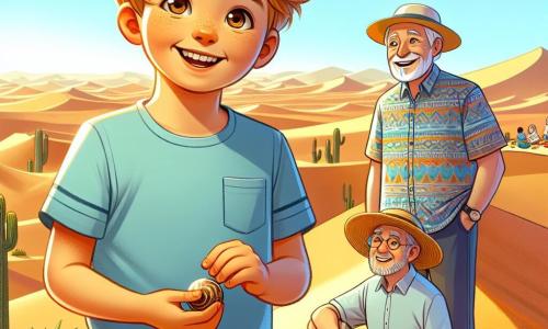 Een 6-jarig jongetje met rommelig blond haar en nieuwsgierige ogen staat bovenop een grote gouden zandduin. Hij draagt een lichtblauw t-shirt en een beige short, en zijn gezicht straalt van vreugde en opwinding terwijl hij een glanzende steen in zijn kleine handen vasthoudt. Naast hem staat zijn grootvader, een man van ongeveer 70 jaar met een witte baard en ronde bril, die trots naar zijn kleinzoon kijkt. Hij draagt een strohoed en een kleurrijk gestreepte blouse, en staat iets naar achteren, het landschap bewonderend. Op de achtergrond zit zijn grootmoeder, een vrouw van ongeveer 65 jaar met grijs haar en een warme glimlach, op een picknickkleed, omringd door waterflessen en fruit, en kijkt met genegenheid naar de scène. De omgeving is een uitgestrekt deel van de Sahara-woestijn, met golvende zandduinen die zich onder een stralende blauwe lucht uitstrekken. De zon schijnt fel en creëert zachte schaduwen op het gouden zand. De hoofdscène toont het triomferende jongetje dat een edelsteen heeft gevonden op de top van de duin, wat zijn avontuur en ontdekking in dit magische landschap symboliseert.