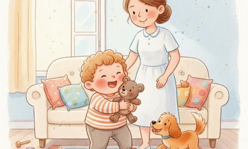 Un niño de 2 años, rostro redondo, mejillas sonrosadas y cabello castaño rizado, muestra expresión alegre y aliviada mientras abraza con fuerza un pequeño oso de peluche marrón; una mujer (madre, unos 30 años) sonríe detrás del sofá, pelo castaño recogido en un moño, vestido claro y mirada cariñosa; un perrito color caramelo (Coco) mueve la cola junto al suelo, juguetón junto a un cojín caído; el oso (Tito) es pequeño, de pelaje marrón, nariz de botón negro y una oreja algo doblada asomando entre los cojines; la sala es luminosa con alfombra de motivos geométricos, gran sofá crema y cojines multicolores, ventana que deja pasar un rayo de sol y juguetes esparcidos; escena principal: el niño descubre a Tito detrás de los cojines, salta de puntillas, lo abraza y se ríe mientras la madre vela y el perro celebra; estilo: acuarela tierna, colores pastel cálidos, texturas suaves y ligeras salpicaduras para dar movimiento.