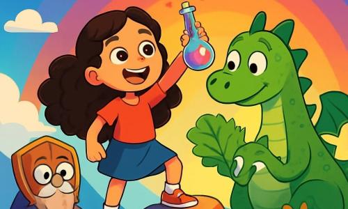 Una niña de 8 años, Luna, con largos cabellos rizados y ojos llenos de curiosidad, está en la cima de una montaña de rocas coloridas, sonriendo y sosteniendo una botella brillante llena de una poción multicolor. A su lado, un dragón vegetariano llamado Señor Lechuga, con escamas verdes y ojos redondos y amistosos, se inclina hacia adelante, curioso, con una gran hoja de lechuga en sus patas. Un antiguo escudo, Escudito, con gafas redondas y una barba de polvo, está posado sobre una piedra, observando la escena con una expresión sabia y divertida. El paisaje es una montaña soleada, llena de flores brillantes y nubes flotantes, donde el cielo se ha convertido en un mosaico de colores vivos: azul, naranja y violeta, como un arcoíris vivo. La situación principal muestra a Luna lanzando su poción mágica al cielo, mientras risas resonantes crean una atmósfera alegre y mágica.