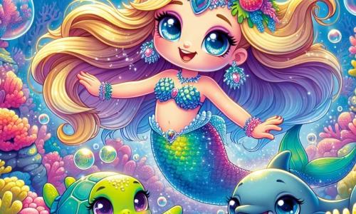 The scene depicts Marina, a mermaid with shimmering turquoise and violet scales, with long golden hair floating around her. She expresses great joy, her eyes sparkling with happiness as she dances in the water, surrounded by glimmering bubbles. Next to her is Tilly, a small sea turtle with a green shell and bright round eyes, swimming enthusiastically with her flippers joyfully beating. Benny, a mischievous dolphin with silver reflections, performs flips in the water, laughing and encouraging his friends to join the dance. The backdrop is a beautiful coral reef filled with colorful corals in vibrant shades of pink, blue, and yellow, illuminated by sunlight filtering through the waves, creating a magical effect. The main situation shows Marina, Tilly, and Benny celebrating their friendship by dancing together in the reef, surrounded by colorful fish swimming joyfully around them, symbolizing joy and underwater harmony.