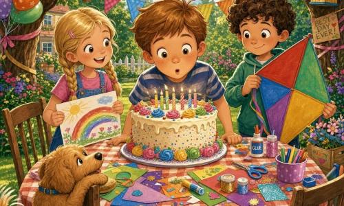 Ein lächelnder, strahlender 8-jähriger Junge, Max, mit kurz geschnittenem hellbraunem Haar, bläst gleich die Kerzen auf einem großen bunten Kuchen; links von ihm steht die fröhliche 8-jährige Emma mit blonden Zöpfen, die ein handgemaltes Bild hält und den Kuchen bewundert, rechts leicht zurückhaltend der schüchterne, aber glückliche 8-jährige Tom mit lockigem braunem Haar, der ein Stück eines mehrfarbigen Papierdrachens hält; am Tischfuß sitzt der kleine, flauschige karamellfarbene Hund Bello und stupst mit dem Kopf an eine Stuhlbeine, während alle applaudieren; Szene: sonniger Nachmittag im Garten mit kurzgemähter grüner Rasenfläche, Papiergirlanden und Wimpeln zwischen Bäumen, einer langen Holztisch mit kariertem Tischtuch und Bastelutensilien (Schere, Kleber, Glitzer, Papier), warme, lebendige Farben, detaillierte Papier- und Zuckerglasurtexturen; Grafikstil: retro rubber-hose Cartoon, runde Formen, fließende Linien, dicke schwarze Konturen, gesättigte Pastellpalette, überzeichnete Mimik und dynamische Gesten.