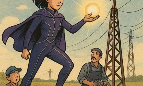 Eroină: Nova, chip hotărât și blând, pelerină scurtă violet cu o șuviță albastru aprins, costum violet închis cu linii argintii, ține o sferă de lumină caldă în palmă pe care o proiectează ca o pasarelă pe turnul antenei; personaj secundar non-uman: Spiraluț, mică creatură robotică verde, asemănătoare unui insect metalic lucios, cu antene subțiri, expresie vulnerabilă, plutește lângă vârful antenei lăsând dâre de praf verde; personaj secundar uman: mecanic în jur de 40 de ani, mustață în semilună, salopetă gri pătată cu ulei, stă la baza antenei privindu-o pe Nova și ținând o cutie-încărcător strălucitoare; copil de ~8 ani cu șapcă prea mare, așezat pe un taluz la distanță, cu gura deschisă de surpriză, observă scena; loc: câmpie vastă cu iarbă lungă bătută de vânt, cer albastru pal cu nori subțiri, antene metalice ruginite și cabluri vizibile, sol presărat cu șuruburi și urme verzi; situație: confruntare blândă și luminoasă în vârful antenei — Nova calmă dar hotărâtă oprește semnalul întinzându-și lumina, Spiraluț ezită și reduce dârele verzi, aerul e încărcat de particule strălucitoare și vânt ce pleznește pelerina.