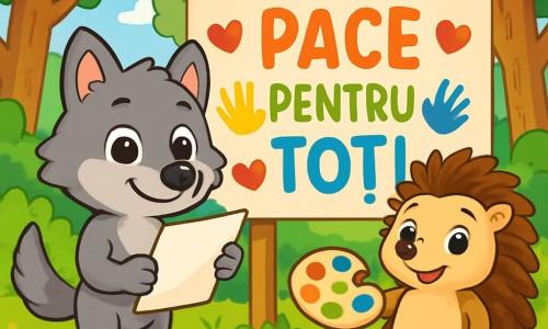 Un lup mic pe nume Radu, cu blană moale gri și ochi strălucitori de curiozitate, stă în centrul scenei, cu un aer hotărât și vesel, ținând o foaie de hârtie în labele din față. Lângă el, un arici mic, Nelu, cu țepi maronii și ochi sclipitori, zâmbește larg, ținând o paletă de culori vii. În fundal, o pădure verde se întinde, cu copaci măreți și un cer albastru deschis presărat cu nori albi pufoși. La sol, flori colorate și pietricele strălucitoare adaugă viață scenei. Radu și Nelu pictează un mare panou cu cuvintele 