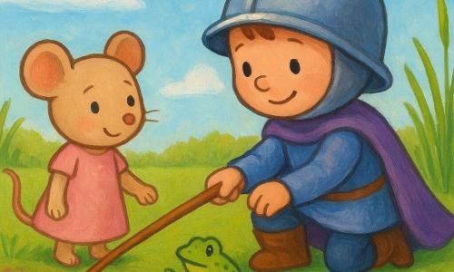 A brave, smiling young boy knight in a shiny round helmet, large glossy hat, purple cape and brown boots kneels at the edge of a calm pond, using a long stick to gently reach a floating red ball while his friend Mia, a small beige mouse in a simple pink dress, holds his paw and watches from the left shore; a spotted green frog on a nearby lily pad points toward the ball, a tiny blue bumblebee with translucent wings rests on a fine spiderweb attached to a reed in the background, and the clear water reflects white clouds, green reeds, yellow flowers and a soft blue sky in a bright, warm scene of simple composition, vivid colors and rounded shapes suited for toddlers.