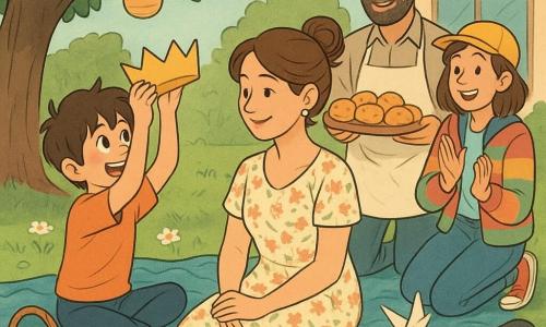 Milo, a shy but enthusiastic 10-year-old with dark tousled hair and round eyes, sits on a large blue wave-patterned blanket holding a small paper crown and proudly looking at his mother; the mother, about 35, hair in a loose bun and wearing a light floral dress, sits beside him smiling as he places the crown on her head; Mr. Patel, a warm-looking adult in a flour-streaked apron, stands behind with a box of scones; an elderly man with gray hair and round glasses sits on a cushion laughing while holding a paper crane; a teenage girl in a colorful jacket holds a skateboard and claps; a small tabby neighbor cat is curled at the blanket’s edge; the scene is a warm, colorful Mother’s Day picnic under an old apple tree with daisied grass, hanging paper lanterns, a small wooden table with a jar of warm milk, and a café-painted street in the background, with exchanged paper notes, scones on a plate, bright faces and affectionate gestures.