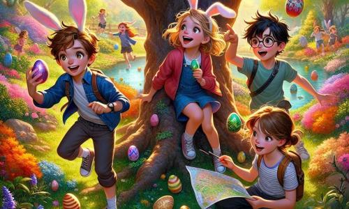 In a colorful garden, four children are gathered around a large oak tree. Max, a 12-year-old boy with brown hair and sparkling eyes, holds a shiny egg in his hands, smiling widely. Next to him, Lily, his 8-year-old sister, wearing bunny ears, jumps for joy with her blonde hair blowing in the wind. Emma, an 11-year-old girl with brown hair and glasses, examines a map with a focused expression, while Jake, a 10-year-old boy with black hair and a cap, excitedly points to a spot on the map. The garden is filled with colorful flowers, fluttering butterflies, and a small pond sparkling in the sun. Multicolored Easter eggs are hidden among the bushes and grass, adding a touch of magic to the scene. The children are in the middle of an Easter egg hunt, searching for clues to a hidden treasure, with laughter and shouts of joy echoing in the air.