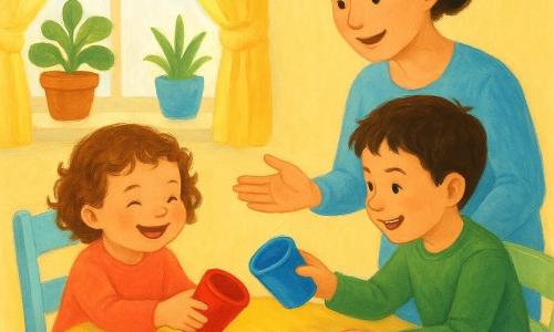 A joyful, mischievous 2-year-old girl with curly light-brown hair and a bright smile slides a red cup across a small round light-wood table while laughing; her teasing, laughing ~5-year-old brother with short brown hair holds a blue cup and leans in to swap; their gentle, encouraging mother in her 30s with tied-back hair stands nearby with an open palm guiding the play; the table has a yellow runner, two shiny cups, a plate of crackers and sliced banana; the bright kitchen has soft sunlight through a window and potted plants on the sill, creating a warm, colorful atmosphere as the children perform the 