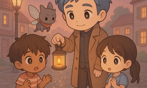 Elias, a calm soft-faced man with short gray-blue hair and a light brown long coat, holds a honey-tinted glass lantern with a tiny pale flame and tilts it toward a mossy circular stone fountain to revive the water as warm golden light scatters into glittering droplets; to his left sits a surprised 12-year-old boy with tousled brown hair and a striped t-shirt, legs crossed on the fountain edge, and to his right a timid 11-year-old girl with brown pigtails and a simple pale blue dress, hands near her heart, while Huff, a cat-sized nonhuman creature with translucent moth wings and a red ribbon scarf, buzzes by Elias’s shoulder; the village square at dusk has worn cobbles, pastel houses whose shutters begin to open, iron street lamps and low pink clouds, creating a gentle, magical scene of soft colors and warm contrast between flame and gray surroundings.