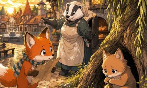 The main character is a small anthropomorphic fox with bright russet fur, a white muzzle, large curious eyes and a kind, attentive expression; he wears a striped scarf and holds a torn paper map, leaning forward like a detective listening. Secondary characters: a shy kit with paler fur and tearful, ashamed eyes sits by a tree hollow holding a shiny bell and looking down; Mrs. Badger the baker, round and gentle with a flour-dusted apron, smiles reassuringly at the bakery door and points toward the square. The scene is a small round village square with worn wooden benches, a dripping fountain, a bakery with a fogged window and a large weeping willow forming a dark shelter where the kit hid. Main action: the fox detective shows the map and listens to clues while the kit returns the bell; the mood is warm and curious in soft late-afternoon light, with warm colors and tactile textures (soft fur, grained wood, wet stone).