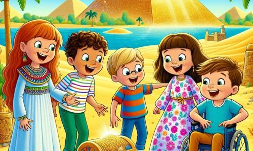 In a sunny landscape of Ancient Egypt, four friends stand together. On the left, Lucy, a six-year-old girl with long red hair and a colorful dress, smiles enthusiastically. Next to her, Jake, a six-year-old boy wearing round glasses and a striped t-shirt, curiously looks at a large papyrus. In the center, Mia, a six-year-old girl with brown hair and a big floral dress, points to a majestic pyramid shining in the sun. Finally, on the right, Ben, a six-year-old boy in a wheelchair, with short hair and a blue t-shirt, smiles while holding a small golden chest filled with sparkling jewels. The backdrop features golden sand dunes, lush palm trees, and an imposing pyramid rising majestically in the background, with a bright blue sky dotted with a few white clouds. The friends have just solved a riddle to find a treasure hidden under a large palm tree, and they celebrate their victory together, surrounded by sparkling treasures and joyful laughter.