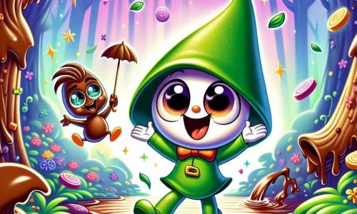 Pepito, un pequeño duendecillo con una gran nariz y una sonrisa brillante, lleva un sombrero verde que le tapa los ojos. Baila alegremente al borde de un arroyo de chocolate, con los brazos levantados, lleno de emoción. A su lado, Sombrerín, un sombrero animado con ojos chispeantes y una gran sonrisa, salta al ritmo, con los bordes flotando como alas. En el fondo, un pato de chocolate, Choco, con una expresión feliz, nada en el arroyo, sosteniendo un pequeño paraguas para protegerse del sol. El lugar es un bosque encantado, donde los árboles están cubiertos de caramelos de colores y las flores brillan como estrellas. El arroyo de chocolate fluye suavemente, creando salpicaduras dulces. La escena principal muestra a Pepito y Sombrerín bailando y riendo juntos, rodeados de golosinas, celebrando su amistad y su aventura en este mundo absurdo.