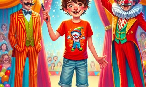 Un băiat de 12 ani, Andrei, stă în centrul scenei, cu ochii mari de bucurie și uimire. Are părul castaniu și dezordonat, un tricou roșu aprins cu un model de clown și o pereche de pantaloni scurți din denim. El ține în mână o baghetă magică strălucitoare, pregătit să facă un truc de magie. În dreapta sa, Mister Măcelar, un bărbat de aproximativ 40 de ani, poartă o mantie colorată și o mustață mare. Zâmbește larg, ținând un joben într-o mână, iar cu cealaltă mână îl prezintă pe Andrei publicului. În stânga, Zâmbăreț, un clown jovial de aproximativ 30 de ani, cu fața vopsită în alb și un nas roșu, jonglează cu bile multicolore. Este îmbrăcat într-un costum cu dungi stridente și face grimase pentru a distra mulțimea. Decorul este un mare cort de circ, cu dungi roșii și albe, plin de lumini strălucitoare și spectatori entuziaști. Baloane plutesc în aer, iar confetti cad ușor în jurul lor. Scena reprezintă momentul magic în care Andrei, cu ajutorul lui Mister Măcelar și Zâmbăreț, încearcă să facă să apară un elefant pe scenă, creând o atmosferă de bucurie și excitație, în timp ce publicul aplaudă și râde.
