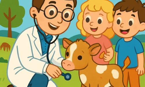 Ein männlicher Tierarzt, Dr. Max, lächelt begeistert und trägt einen weißen Kittel sowie ein Stethoskop um den Hals. Er hat braune Haare und eine runde Brille. Er hockt neben einem kleinen Kalb, Lotte, das hellbraunes Fell mit weißen Flecken hat, und untersucht es aufmerksam. Neben ihm schauen zwei Kinder, Mia und Ben, etwa 8 Jahre alt, neugierig zu. Mia, ein Mädchen mit lockigem, blondem Haar, trägt ein pinkes Kleid und hält ein Tierleckerli. Ben, ein Junge mit kurzen, kastanienbraunen Haaren, trägt ein blaues T-Shirt und lächelt fröhlich. Sie befinden sich auf einer großen, grünen Wiese, umgeben von bunten Blumen und einigen Bäumen. In der Ferne sieht man eine rote Scheune und friedlich weidende Tiere. Die Hauptsituation zeigt Dr. Max, der sich um Lotte kümmert und den Kindern erklärt, wie man sich um Tiere kümmert.
