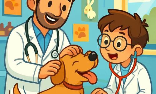 Un veterinario, el doctor Luis, está de pie en una sala de examen luminosa, con una sonrisa cálida y ojos brillantes de pasión. Lleva una bata blanca y un estetoscopio al cuello, acariciando a un perro alegre, Rocky, que mueve la cola con entusiasmo. A su lado, un niño de 11 años, Nico, con cabello castaño desordenado y gafas redondas, observa maravillado, vestido con una pequeña bata blanca y un estetoscopio de juguete. La sala es amplia y acogedora, con paredes pintadas de azul claro, carteles coloridos de animales y juguetes esparcidos por el suelo. Una gran ventana deja entrar la luz del sol, iluminando los instrumentos veterinarios ordenados en una mesa. La escena principal muestra al doctor Luis examinando a Rocky mientras le explica a Nico las diferentes etapas del examen, creando un momento de aprendizaje y descubrimiento lleno de alegría y entusiasmo.