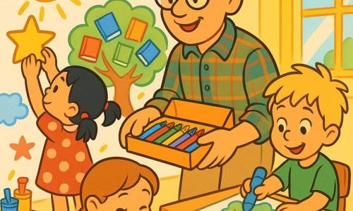 Un maestro sonriente y bondadoso, cabello castaño salpicado de canas y gafas redondas, sostiene una gran caja de colores abierta y ofrece lápices a los niños; a la izquierda una niña de 6 años con coletas y vestido rojo de lunares pega una gran estrella brillante en la pared, a la derecha un niño de 5 años de cabello rubio despeinado con camiseta verde dibuja un árbol lleno de libros con un gran lápiz azul y una niña de 4 años con trenza y cabello castaño claro pega pegatinas arcoíris en la parte baja del muro, todos en una aula luminosa con grandes ventanas, mesas de madera bajas, botes de pintura vivos y un muro casi entero cubierto por un gran mural colorido, creando un ambiente cálido con colores pastel vivos, trazos suaves y redondeados y expresiones expresivas y reconfortantes.