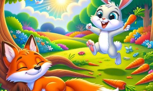 Ein kleiner orangefarbener Fuchs namens Felix liegt faul unter einem großen Baum, mit einem träumerischen Lächeln auf seinem Gesicht, seinen Augen halb geschlossen und seinem langen Schwanz um ihn gewickelt. Neben ihm springt ein fröhlicher weißer Hase namens Hugo, mit großen Ohren und funkelnden Augen, enthusiastisch herum und hält eine Karotte in seinen Vorderpfoten, sein Gesicht strahlt vor Glück. Die Szenerie ist ein verzauberter Wald, gefüllt mit lebhaften Bäumen, bunten Blumen und einem strahlend blauen Himmel, in dem Vögel fröhlich singen. In der Ferne erstreckt sich eine grüne Wiese, übersät mit leuchtenden Karotten, die aus dem Boden sprießen und von der Sonne beleuchtet werden. Die Hauptsituation zeigt Felix, den Fuchs, der sich der Faulheit hingibt, während Hugo, der Hase, ihn ermutigt, aufzustehen und die magische Wiese voller Karotten zu erkunden, was einen Kontrast zwischen der Energie des Hasen und der Faulheit des Fuchses schafft.