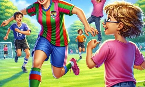 Sofia, una giovane donna atletica di circa 25 anni, è al centro dell'immagine, radiosa di gioia e determinazione. Indossa una maglietta da calcio colorata, ha i capelli castani raccolti in una coda di cavallo e un grande sorriso illumina il suo viso mentre dribbla il pallone con agilità sul campo. Accanto a lei, Martina, una bambina di 8 anni con capelli ricci e occhiali, la osserva con ammirazione, gli occhi spalancati, tenendo un pallone di calcio sotto il braccio. Indossa una maglietta rosa e un pantaloncino blu, e sembra impaziente di unirsi al gioco. Sullo sfondo, Luca, un ragazzo di 9 anni con capelli biondi arruffati, applaude entusiasta, in piedi su una piccola collina erbosa. Indossa la maglietta della sua squadra preferita e un pantaloncino nero, e il suo viso esprime grande eccitazione. La scena si svolge in un parco verdeggiante, con un cielo blu punteggiato di nuvole bianche, alberi maestosi che circondano il campo da calcio e bambini che giocano gioiosamente intorno a loro. La situazione principale mostra Sofia che insegna ai bambini come dribblare il pallone, incoraggiandoli a divertirsi mentre imparano, creando un'atmosfera di cameratismo e gioia sul campo.