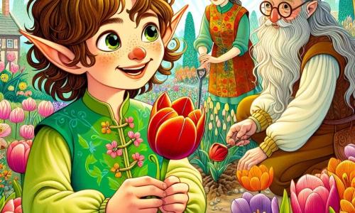 In primo piano, un giovane elfo di nome Luca, con orecchie a punta e capelli ricci castani, sorride meravigliato mentre tiene un bulbo di tulipano nelle mani. Indossa una tunica verde decorata con motivi floreali, e i suoi occhi brillano di gioia mentre si prepara a piantare nel giardino. Accanto a lui, sua madre, una donna dolce con lunghi capelli biondi, vestita con un abito colorato, lo incoraggia con un sorriso caloroso, mentre tiene una piccola pala. Sullo sfondo, suo nonno, un uomo anziano con barba bianca e occhiali rotondi, si occupa di un'aiuola di erbe aromatiche, mostrando un'espressione di orgoglio e soddisfazione. Il giardino è un vero e proprio quadro primaverile, pieno di fiori sgargianti di tutti i colori, con alberi in fiore e uccelli che cantano nel cielo blu. I raggi di sole illuminano la scena, creando un'atmosfera gioiosa e accogliente. La situazione principale mostra Luca e la sua famiglia mentre piantano fiori per il Festival dei Fiori, circondati da risate e canti, celebrando la bellezza della natura e la gioia di condividere questi momenti insieme.
