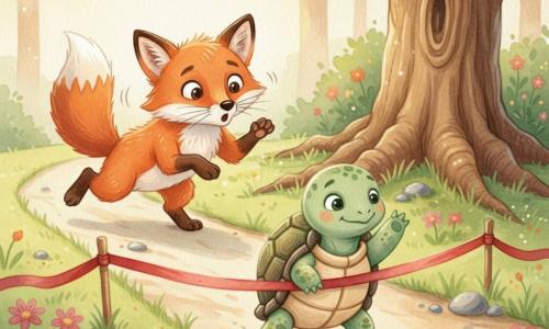 Un zorro rojo de pelaje brillante, ojos redondos sorprendidos, orejas puntiagudas y bigotes delicados, se incorpora corriendo con el pelo despeinado y mirada asombrada hacia delante; una tortuga pequeña y resuelta, caparazón verde con motas marrones y sonrisa dulce, con las patas sobre la línea de meta de cinta roja y la cabeza erguida con orgullo en el centro; un roble amplio con raíces visibles y un cojín de hierba donde el zorro dormía, hojas verde tierno y algunas flores silvestres rosas y amarillas; un camino de tierra atraviesa un claro soleado con rayos suaves, sombras ligeras y algunas piedras redondeadas; situación principal: la tortuga llega tranquila a la meta mientras el zorro, sorprendido y apresurado, llega tarde — victoria serena y sorpresa colorida.