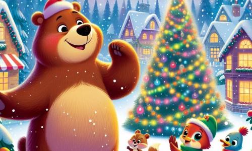 Un gran oso pardo llamado Bruno, con una cálida sonrisa y ojos brillantes de alegría, se encuentra frente a un hermoso árbol de Navidad decorado con guirnaldas coloridas y luces centelleantes. Sostiene una estrella brillante en forma de cristal sobre su cabeza, irradiando magia y asombro. A su lado, una pequeña ardilla llamada Susi, con un pelaje de un rojo vivo y grandes ojos curiosos, salta de alegría levantando las patas en el aire, llena de emoción. Un poco más lejos, un pato llamado Don Pato, con un sombrero festivo en la cabeza y una amplia sonrisa, aplaude mirando a Bruno con admiración. La escena se desarrolla en un encantador pueblo nevado, donde las casas están cubiertas de nieve e iluminadas por luces navideñas. Copos de nieve caen suavemente del cielo, añadiendo un toque mágico a la atmósfera. Bruno, Susi y Don Pato celebran juntos la magia de la Navidad, rodeados de risas y alegría, listos para vivir una aventura inolvidable bajo las estrellas centelleantes.