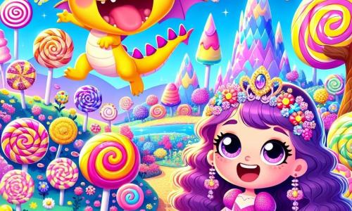 La princesa Lila, una niña de unos 8 años con largos cabellos ondulados de color violeta, lleva un vestido rosa brillante con motivos de flores. Tiene una gran sonrisa en su rostro, mostrando su emoción, y está jugando alegremente en un campo de flores coloridas en forma de caramelos. A su lado está Pepino, un pequeño dragón amarillo de aproximadamente 1 metro de altura, con grandes ojos redondos y escamas brillantes. Está riendo, con las alas desplegadas, listo para volar sobre los árboles de caramelo. El lugar es una isla mágica, con árboles gigantes en forma de bastones de caramelo, ríos de limonada burbujeante serpenteando por el paisaje, y un cielo azul brillante salpicado de nubes en forma de malvavisco. La escena principal muestra a Lila y Pepino jugando al escondite, Lila contando alegremente hasta diez, mientras Pepino se esconde detrás de un árbol en forma de caramelo, rodeado de mariposas coloridas que vuelan a su alrededor.