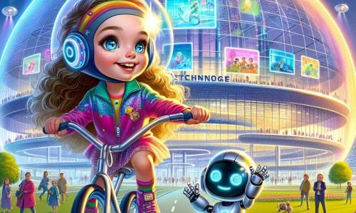 Een meisje van 6 jaar, genaamd Lila, met lange krullende haren en sprankelende nieuwsgierige ogen, zit op een Vliegende Fiets en glimlacht verwonderd. Ze draagt een kleurrijke overall en een futuristische helm die schittert in de zon. Naast haar danst haar vriendelijke robotvriend, Robo, vrolijk terwijl hij licht boven de grond zweeft. Hun omgeving is het Technologiecentrum, een enorm gebouw in de vorm van een luchtbel met knipperende lichten en felle kleuren die op de glazen muren weerkaatsen. Holografische schermen zweven om hen heen en tonen beelden van nieuwe uitvindingen. De hoofdscene laat Lila en Robo zien die zich voorbereiden om op te stijgen met de Vliegende Fiets, omringd door weelderige parken en glimlachende mensen die hen bewonderend aankijken. Lila, vol opwinding, is klaar om een ongelooflijk avontuur te beleven in deze sprankelende futuristische stad.