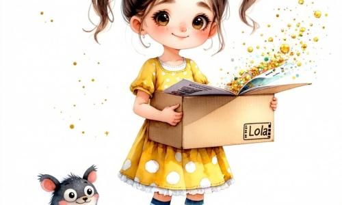 Lola, una niña de 6 años de cabello castaño en coletas, sonríe con picardía mientras abraza una caja de cartón abierta etiquetada DESAFÍOS IMPOSIBLES; en su mano izquierda sostiene un plano plegado del que flota polvo brillante y una llave antropomorfa dibujada —como una burbuja dorada sonriente— parece reír mientras el plano en acordeón se despliega y libera chispas multicolores. En el patio de recreo (suelo de hormigón con tizas de colores, columpio difuminado a la izquierda, bancos y dibujos infantiles en la pared) aparece al fondo, curioso y tímido, un pequeño monstruo con grandes calcetines a rayas asomado tras una pila de almohadas; ambiente de asombro, curiosidad y comienzo de aventura.