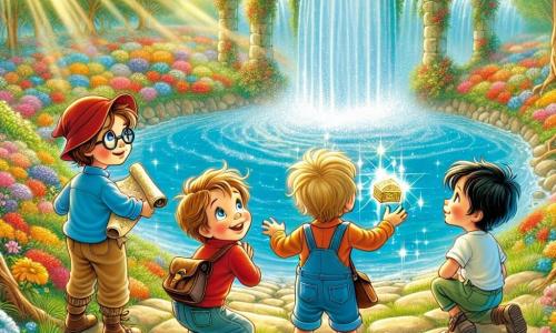 Quatro pequenos aventureiros estão à beira de uma magnífica fonte cintilante, cercada por flores coloridas. Miguel, um garoto de 8 anos com cabelos castanhos bagunçados e óculos redondos, observa a fonte com admiração, segurando um velho mapa enrolado nas mãos. Lucas, um menino de 7 anos com cabelos loiros e olhos azuis, está agachado perto da água, tentando pegar uma caixa brilhante que flutua na superfície. João, um garoto de 9 anos com cabelos negros e um boné vermelho, sorri segurando uma pedra na mão, pronto para ajudar seus amigos a puxar a caixa para eles. Pedro, um menino de 8 anos com cabelos castanho-claros e óculos de sol, está de pé, de braços cruzados, com um grande sorriso, observando a cena com entusiasmo. A fonte é cercada por flores multicoloridas, com raios de sol filtrando através das folhas das árvores, criando uma atmosfera mágica. A água brilha como diamantes, e pequenos pássaros cantam nos galhos acima deles. Os quatro amigos estão em uma aventura, procurando um tesouro escondido na fonte, cheios de excitação e curiosidade, prontos para descobrir o que este dia lhes reserva.