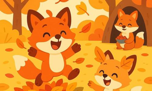 A joyful small red fox named Felix jumps into a big pile of colorful leaves with round eyes, a white belly, bushy tail and paws in the air while leaves fly around him; his lighter little sister Fifi, amused and laughing with two leaves on her ears, stands beside the pile reaching a paw; their mother, smiling and gentle, sits near the cozy den entrance holding a small bowl of berries in the background; autumn forest clearing with stylized brown trunks, orange-red-yellow foliage, a ground carpeted in flat colorful leaves and a soft bright sky; main scene: joyful sibling play with swirling leaves, simple composition, bright colors and rounded shapes suitable for toddlers.