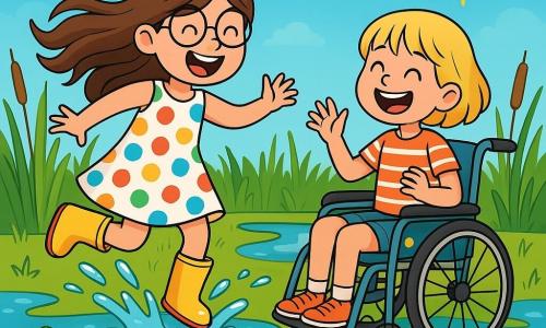 There are two main characters: Lily, an 8-year-old girl with long brown hair and round glasses, wearing a colorful polka dot dress and rubber boots, joyfully jumping in a large puddle; and Mia, also 8, with short blonde hair in a wheelchair decorated with colorful stickers, wearing a striped t-shirt and shorts, laughing as she tries to avoid Lily's splashes. The scene takes place in a sunny marsh filled with large shimmering puddles, surrounded by clumps of green reeds. Frogs leap from stone to stone under a bright blue sky dotted with fluffy white clouds. The main situation shows Lily and Mia on an adventure, laughing as they navigate the puddles, accompanied by curious ducks and small streams winding through the grass.