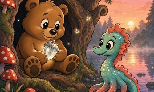 A soft round bear with shiny caramel fur and big pudgy paws sits in a bark hollow cradling a glowing silver acorn-crystal while a coral-and-sea-green seahorse-squid hybrid with shimmering scales smiles beside a pond, tail curled on a stone watching; behind them a hollow old oak with spiral roots, velvet moss, red-and-white mushrooms and floating fireflies frames a calm pond reflecting a rosy dawn—tender dawn scene, light mist, warm colors, high contrast, rounded features and exaggerated rubber-hose expressions.