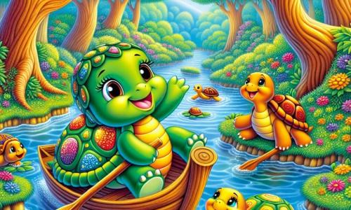 In un magnifico boschetto verdeggiante, una piccola tartaruga di nome Tilly, con un guscio lucido e verde decorato con motivi colorati, naviga allegramente su una barca fatta di foglie e rami. Sorride ampiamente, gli occhi scintillanti di felicità, mentre scivola dolcemente sull'acqua chiara di un ruscello. Accanto a lei, due tartarughe amiche, Greta e Lili, con i gusci striati di giallo e arancione, la incoraggiano con entusiasmo. Greta, con uno sguardo determinato, spinge la barca ridendo, mentre Lili, dagli occhi dolci e rotondi, applaude con gioia, in piedi sulla riva. Il paesaggio è incantevole: alberi maestosi con tronchi spessi circondano il ruscello, le cui foglie danzano al vento, e fiori colorati sbocciano tutto intorno, aggiungendo tocchi di rosso, blu e viola a questo quadro vivente. La scena rappresenta Tilly, piena di gioia e determinazione, mentre partecipa a una corsa amichevole con le sue amiche, dimostrando che l'amicizia e la creatività possono superare tutti gli ostacoli, anche quelli legati alla disabilità.