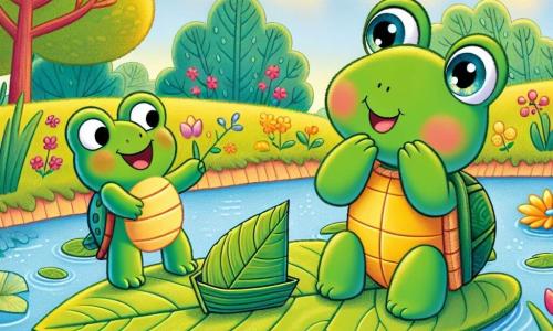Toby, a small green turtle with a shiny shell and sparkling curious eyes, stands on a large lily pad, smiling confidently. He gazes in wonder at his little leaf boat gently floating on the water. Next to him, Lily, a cheerful frog with bright green skin and round eyes, jumps onto another leaf, enthusiastically applauding Toby with her front legs raised in encouragement. The setting is a beautiful sunny pond, surrounded by colorful flowers and tall trees with golden leaves, while the sky is a bright blue dotted with fluffy white clouds. The scene captures the moment when Toby, filled with self-confidence, admires his handmade boat, realizing he can achieve great things, surrounded by the beauty of nature and friendship.