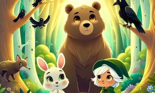 Uma urso chamada Bia, com pelagem suave e cremosa, olhos brilhantes como estrelas, está no centro da cena, exibindo uma expressão de determinação e curiosidade. Ela está cercada por seus amigos: Charlie, um pequeno coelho de grandes orelhas e pelagem branca, que salta de excitação ao seu lado, e Olívia, uma corvo sábia com penas pretas brilhantes, empoleirada em um galho logo acima. A cena se passa em uma floresta verdejante, banhada por luz dourada, com árvores majestosas de folhas vibrantes e flores coloridas espalhadas pelo chão. Ao fundo, uma caverna escura se destaca, adicionando um toque de mistério ao ambiente. Bia e seus amigos se preparam para entrar na caverna do velho lobo em busca da cenoura mágica de Charlie, com expressões de excitação e nervosismo em seus rostos, ilustrando o espírito de aventura e amizade que os une.