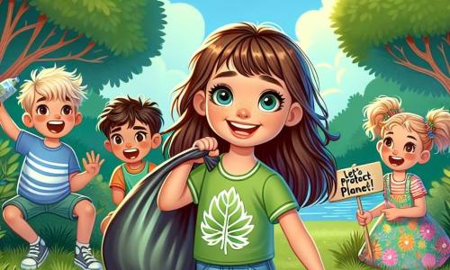 No centro da imagem, uma menina de 10 anos, Clara, com longos cabelos castanhos e olhos brilhantes, sorri alegremente enquanto segura um grande saco de lixo cheio de resíduos que acabou de coletar. Ela usa uma camiseta verde com um padrão de folha e um short jeans, e sua expressão mostra determinação e alegria em ajudar a natureza. Ao lado dela, um menino de 9 anos, Lucas, com cabelos loiros bagunçados e uma camiseta azul, a ajuda a coletar lixo. Ele parece entusiasmado, rindo e apontando para um pássaro que voa acima deles. Outro personagem, uma menina de 8 anos, Emma, com tranças castanhas e um vestido colorido, está sentada na grama, segurando uma placa feita à mão que diz 
