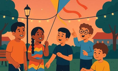 Vijf kinderen in een buurtpark bij schemerlicht: linksachter een meisje van ongeveer 9 met gevlochten bruin haar en een kleurrijke jurk houdt de mast vast en kijkt glimlachend naar de stijgende giraf-vlieger; iets voor haar links staat een jongen van circa 12 met kort zwart haar en gebruinde huid die een lange witte stok vasthoudt en lacht; centraal-voor een ongeveer 10-jarige jongen met kort zwart haar en medium huidskleur houdt de staart van de vlieger klaar om los te laten; rechts zittend op het gras een circa 11-jarige jongen met krullend bruin haar en lichte huid ontwart een knoop in het touw; net achter de vlieger een jongen van circa 11 met ronde bril wijst naar de lucht en geeft aanwijzingen. De grote kleurrijke vlieger (rood, blauw, geel) stijgt in een oranje-roze hemel met fladderende linten, sfeer van vreugde en samenwerking; park met groene grastextuur, houten bankjes, een zacht verlicht lantaarn, rode daken op de achtergrond, enkele feestelijke lichtslingers en een picknicktafel met een kleine glanzende gouden lepel; grafische stijl: warme verzadigde kleuren, eenvoudige heldere vormen, zachte schaduwen, platte contrasterende texturen, kinderlijke schaal, nadruk op handgebaren en blikken, kleine fonkelende sterretjes in de lucht voor de Ramadan.