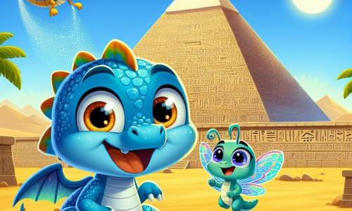 Dinky, een kleine blauwe draak met glinsterende schubben en nieuwsgierige ogen, staat voor een grote Egyptische piramide, zijn gezicht straalt van opwinding en verwondering. Hij heeft kleine vleugels en een brede glimlach, klaar om de verborgen geheimen binnenin te ontdekken. Naast hem vliegt Flapper, een blije kleine libelle met kleurrijke en doorschijnende vleugels, om Dinky heen, haar ogen stralen van enthousiasme. Ze maakt cirkels in de lucht en moedigt Dinky aan om de piramide binnen te gaan. De omgeving is een uitgestrekt gouden zand onder een stralende blauwe lucht, met de majestueuze piramide op de achtergrond, versierd met mysterieuze hiërogliefen die in de zon glinsteren. Palmbomen wiegen zachtjes in de wind, wat een vleugje groen toevoegt aan dit woestijnlandschap. Dinky en Flapper, vol energie en nieuwsgierigheid, bereiden zich voor om de piramide binnen te gaan, hun harten kloppen van opwinding bij de gedachte aan de verborgen schat en de oude verhalen die hen binnen wachten.