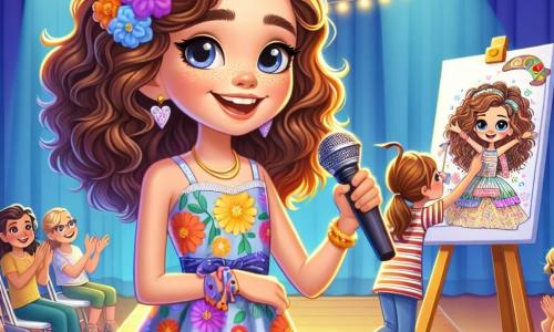 An 11-year-old girl, Mia, stands on stage, radiant and confident, with curly brown hair cascading over her shoulders and a big smile lighting up her face. She wears a colorful dress with floral patterns and holds a microphone, ready to tell the story of Doodle Diva. Next to her, her best friend Lily, also 11, enthusiastically draws on a large board. Lily has long, smooth hair tied in a ponytail, wearing a striped t-shirt and jeans. Her face shows both concentration and joy as she creates colorful characters that come to life under her hands. The stage is set in a gym decorated with fairy lights and colorful balloons, with parents and classmates sitting in chairs, applauding and smiling, creating a warm and festive atmosphere. The main scene shows Mia and Lily presenting their performance, with Mia narrating the story of Doodle Diva while Lily draws fun scenes, captivating the attention of the amazed audience.