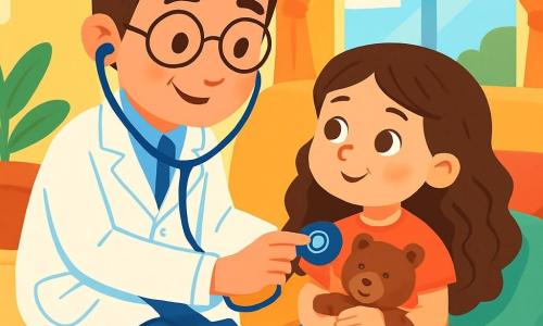 Un hombre, el doctor Pablo, sonriente y benevolente, lleva una bata blanca brillante y un estetoscopio alrededor del cuello. Tiene cabello castaño y gafas redondas que le dan un aire amigable. Está escuchando el corazón de una niña, Luli, que tiene alrededor de 7 años, con una mirada curiosa y una sonrisa tímida. Luli, con cabello largo y rizado, sostiene un oso de peluche en sus brazos, sentada en un sofá suave, rodeada de cojines coloridos. La escena se desarrolla en la cálida sala de una casa, con paredes pintadas de amarillo pastel y ventanas que dejan entrar la luz del sol. Hay juguetes esparcidos por el suelo y un olor a sopa en el aire. El doctor Pablo escucha atentamente el corazón de Luli, quien ríe suavemente imitando el sonido de su corazón, creando una atmósfera alegre y reconfortante.