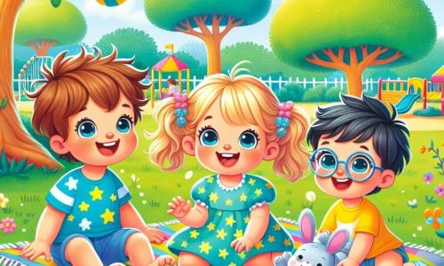 Un bambino di 2 anni, di nome Luca, con capelli castani disordinati e grandi occhi vivaci, sta ridendo seduto sull'erba verde del parco. Indossa una maglietta blu con stelle e pantaloni corti gialli. Accanto a lui, Emma, una bambina di 2 anni con capelli biondi e trecce, sorride felice mentre tiene un piccolo giocattolo a forma di coniglio. È seduta su una coperta colorata, circondata da fiori multicolori. Marco, un bambino di 2 anni con capelli neri e occhiali rotondi, si rialza dopo essere scivolato sull'erba, ridendo della sua piccola caduta. Si trova proprio dietro Luca, pronto a giocare di nuovo. Il parco è pieno di alberi maestosi con foglie verdi, un grande albero con tronco spesso e un'area giochi colorata sullo sfondo, dove altri bambini giocano. La scena principale mostra Luca e i suoi amici che giocano a nascondino, con Luca che conta felicemente fino a tre, mentre Emma e Marco si nascondono dietro l'albero, ridendo e aspettando di essere scoperti.
