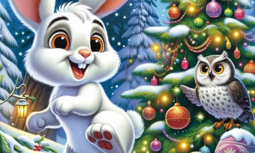 Hopsi, ein kleiner Hase mit großen Ohren und schneeweißem Fell, springt fröhlich um einen großen Tannenbaum, der mit bunten Beeren und funkelnden Girlanden geschmückt ist, sein Gesicht strahlt vor Aufregung und Glück. Neben ihm beobachtet Herr Graufeder, ein weiser alter Uhu mit grauen Federn und runden, glänzenden Augen, die Szene mit einem wohlwollenden Lächeln von einem niedrigen Ast des Baumes aus, bereit, die Bemühungen seines Freundes zu applaudieren. Der Ort ist eine verzauberte Lichtung, auf dem der Boden mit einer dicken Schicht funkelnden Schnees bedeckt ist, während sanfte Schneeflocken vom Himmel fallen und eine magische, festliche Atmosphäre schaffen. Die Hauptsituation zeigt Hopsi und seine tierischen Freunde, die eine fröhliche Weihnachtsfeier vorbereiten, mit Lachen und Gesang, während sie den Baum schmücken und Leckereien in einer warmen, einladenden Stimmung teilen.