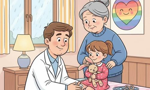 Un medico uomo di circa 35-45 anni, viso tondo e sorriso dolce, capelli castani corti, occhi benevoli, è inginocchiato e applica un cerotto bianco con stelline su un ginocchio sbucciato; trasmette calma e calore con gesti precisi. Una bambina, Sofia, circa 6 anni, capelli castano chiaro raccolti in coda, vestitino rosa a pois, stringe il suo pupazzo con orgoglio e sollievo, seduta sul lettino alla stessa altezza del medico. La nonna, circa 65 anni, capelli grigi raccolti, maglione blu, è in piedi dietro Sofia con una mano rassicurante sulla spalla, sguardo tenero e protettivo. La stanza è una sala pediatrica luminosa e accogliente con pareti chiare, un grande poster colorato a forma di cuore-sole, una finestra con gocce di pioggia e tenda a righe, una lampada dalla luce calda, un lettino coperto da un telo a motivo e un vassoio metallico con strumenti arrotondati. La scena rappresenta un gesto collettivo di cura semplice e positivo: piccolo camice bianco che cura, bambina coraggiosa con il suo pupazzo, e nonna rassicurante, atmosfera cocoon, colori pastello e texture morbide.
