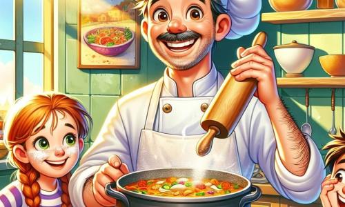 Un cuoco felice, un uomo di circa cinquant'anni con capelli castani leggermente brizzolati e occhi scintillanti di malizia, indossa un grande cappello da chef e un grembiule bianco macchiato di farina. Sorride ampiamente mentre mescola una grande pentola di zuppa colorata sul fuoco. Accanto a lui, una bambina di 8 anni, Martina, con capelli rossi intrecciati e macchie di farina sul viso, lo osserva con ammirazione, tenendo un matterello. Un bambino di 7 anni, Samuele, con capelli castani in disordine e un sorriso birichino, sta spolverando farina sul tavolo, ridendo della sua stessa goffaggine. La scena si svolge in una cucina luminosa e accogliente, piena di utensili da cucina colorati, verdure fresche sul piano di lavoro e barattoli di vetro pieni di spezie. I muri sono decorati con quadri di piatti deliziosi, e la luce del sole filtra attraverso una finestra, illuminando lo spazio in modo caldo. La situazione principale mostra il cuoco e i bambini intenti a preparare un pasto festivo, con risate e gesti vivaci, creando un'atmosfera gioiosa e conviviale, piena di magia culinaria.